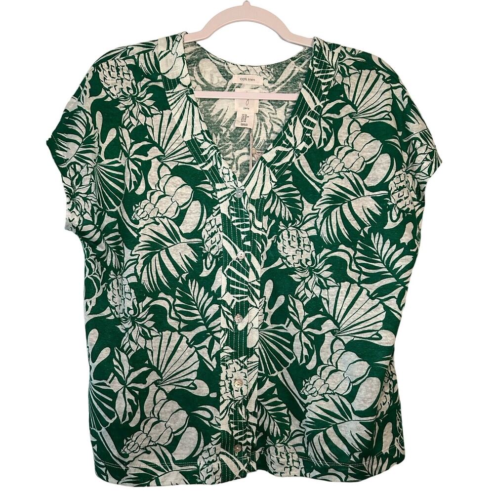 Joie Green and White Tropical Print Button-Front Blouse